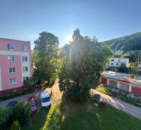 Blick auf die Puschkinstraße in Humenné mit Wohn- und Garagengebäuden, aus einer 4-Zimmer-Wohnung.