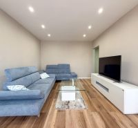 Wohnzimmer in einer 2-Zimmer-Wohnung mit Holzboden und modernen Möbeln.