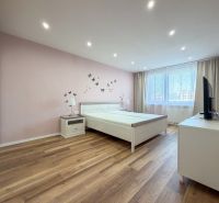 Helles Schlafzimmer mit Holzboden in einer 2-Zimmer-Wohnung.