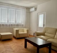 Wohnzimmer in einer Zweizimmerwohnung mit cremefarbenem Sofa und Boden in Holzoptik.