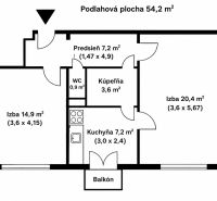 Grundriss einer 2-Zimmer-Wohnung mit einer Fläche von 54,2 m², Balkon und Küche.
