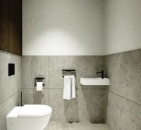 Badezimmer in einer 3-Zimmer-Wohnung mit Steinwänden und einem hängenden WC.