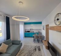Wohnzimmer einer 2-Zimmer-Wohnung mit stilvoller Beleuchtung, Küche und bequemer Couch.