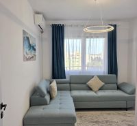 Wohnzimmer in einer 2-Zimmer-Wohnung mit einem bequemen Sofa und stilvoller Beleuchtung.