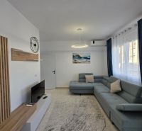 Wohnzimmer in einer 2-Zimmer-Wohnung mit Sofa, Fernseher und Holzdekor.