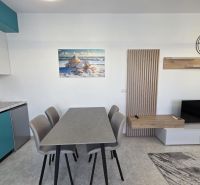 Helle Küche in einer 2-Zimmer-Wohnung mit Tisch, Muschelbild und Fernseher.