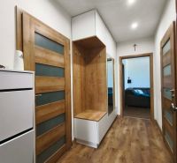 Flur in einer 3-Zimmer-Wohnung mit einem Boden in Holzoptik und Holztüren.