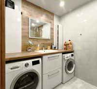 Badezimmer in einer 3-Zimmer-Wohnung mit Waschmaschine, Trockner und Boden mit Holzdekor.