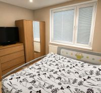 Schlafzimmer in einer 3-Zimmer-Wohnung mit Möbeln in Holzdekor und Fernseher.