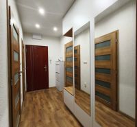 Ein Flur mit Spiegeln, Holztüren und einem Boden mit Holzdekor in einer 3-Zimmer-Wohnung.
