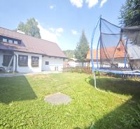 Eine Hütte in Špania Dolina mit einem Trampolin im grasbewachsenen Garten unter blauem Himmel.
