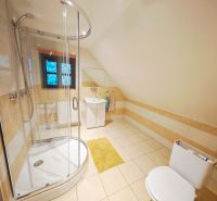 Ein Badezimmer in der Hütte mit einer Eckdusche und Blick auf das Fenster.