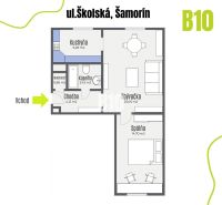 Grundriss einer 2-Zimmer-Wohnung in der Školská-Straße in Šamorín mit Küche und Badezimmer.