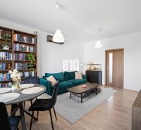 Wohnzimmer in einer Zweizimmerwohnung mit Holzdekorboden und Bücherregal.