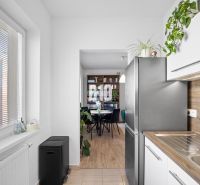 Küche in einer 2-Zimmer-Wohnung mit Holzboden und Pflanzen.