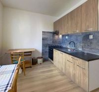 Küche in einer Einzimmerwohnung mit Holzboden und modernen Schränken.