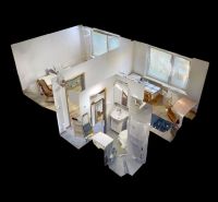 3D-Ansicht des Innenraums zeigt die Raumaufteilung in einer Einzimmerwohnung.