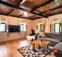 Wohnzimmer in der Hütte mit Holzboden und bequemen Sitzgelegenheiten.