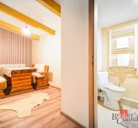 Eine Hütte mit Holzmöbeln und einem Boden in Holzoptik, nebenan ein Badezimmer.