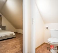 Schlafzimmer und Toilette in einer Hütte mit einem Boden in Holzoptik.