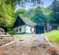 Eine Hütte in Píla, umgeben von dichten Wäldern, ein steinerner Weg führt zum Eingang.