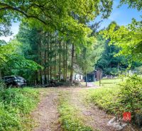 Eine Hütte in Píla, umgeben von Bäumen und grüner Landschaft, ein Auto am Waldrand geparkt.
