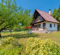 Eine Hütte in Lazy pod Makytou auf Dubková mit Obstbäumen und einem Garten.