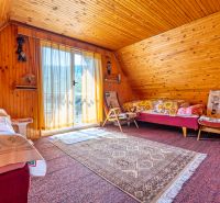 Ein Zimmer in einer Hütte mit Holzverkleidung, einem Bett, einem Sessel und einem Teppich auf dem Boden.