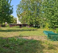 Der Garten beim Einfamilienhaus in der Levická Straße in Vráble, umgeben von Bäumen und Gras.