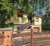 Ein Einfamilienhaus in Svodín mit Treppe, Umzäunung und dichter Vegetation rundherum.