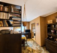 Wohnzimmer in einem Einfamilienhaus mit einem Bücherregal voller Bücher und Retro-Möbeln.