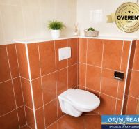 Badezimmer mit orangefarbenen Fliesen und hängendem WC in einer Einzimmerwohnung.