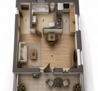 Grundriss einer Einzimmerwohnung mit Holzboden, Wohnzimmer, Küche und Badezimmer.