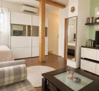 Wohnraum in einer Einzimmerwohnung mit Holzboden und modernen Möbeln.