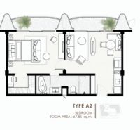 Grundriss einer 2-Zimmer-Wohnung des Typs A2, einschließlich Wohnräume.