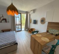 Ein Studio-Apartment mit Holzboden, hellem Interieur und Balkon für Komfort.