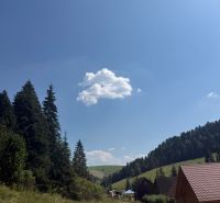 Erholungsgrundstücke in Litmanová mit Wald, Weg und Holzhütten unter blauem Himmel.