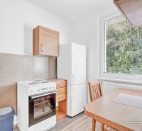 Küche in einer Einzimmerwohnung mit Küchenzeile, Tisch und Kühlschrank.
