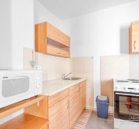Küche in einer Einzimmerwohnung mit Holzdekor und weißer Mikrowelle.