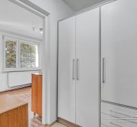 In der Einzimmerwohnung dominiert ein großer Schrank, Fenster und ein Boden mit Holzdekor.
