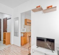 Innenraum einer Einzimmerwohnung mit Holzboden und hellen Möbeln.