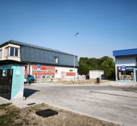 Geschäftsräume in der Straße SNP in Šaľa mit Parkplatz und Werbeschildern.