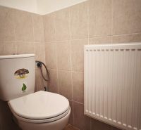 Toilette in Geschäftsräumen mit Fliesen und Heizkörper.