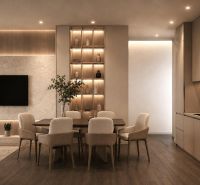 Ein stilvolles Interieur eines Ferienapartments mit Holzboden und geschmackvoller Beleuchtung.