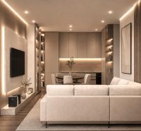 Ferienwohnung mit bequemer Couch, Holzboden und gemütlicher Beleuchtung.