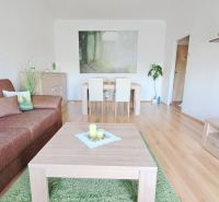 Wohnzimmer in einer 2-Zimmer-Wohnung mit braunem Sofa und Boden in Holzoptik.