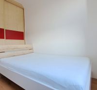 Schlafzimmer mit Bett und Einbauschrank, 2-Zimmer-Wohnung, Boden mit Holzdekor.