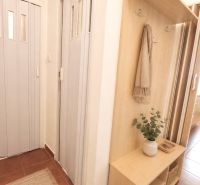 Flur in einer 2-Zimmer-Wohnung mit eingebautem Holzstauraum und Vorhängen.