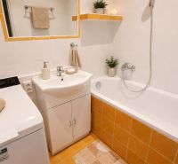 Badezimmer mit Badewanne, Waschbecken, Waschmaschine und dekorativen Handtüchern in einer 2-Zimmer-Wohnung.