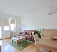 Wohnzimmer einer Zweizimmerwohnung mit einem Sofa und einem Boden in Holzoptik.
